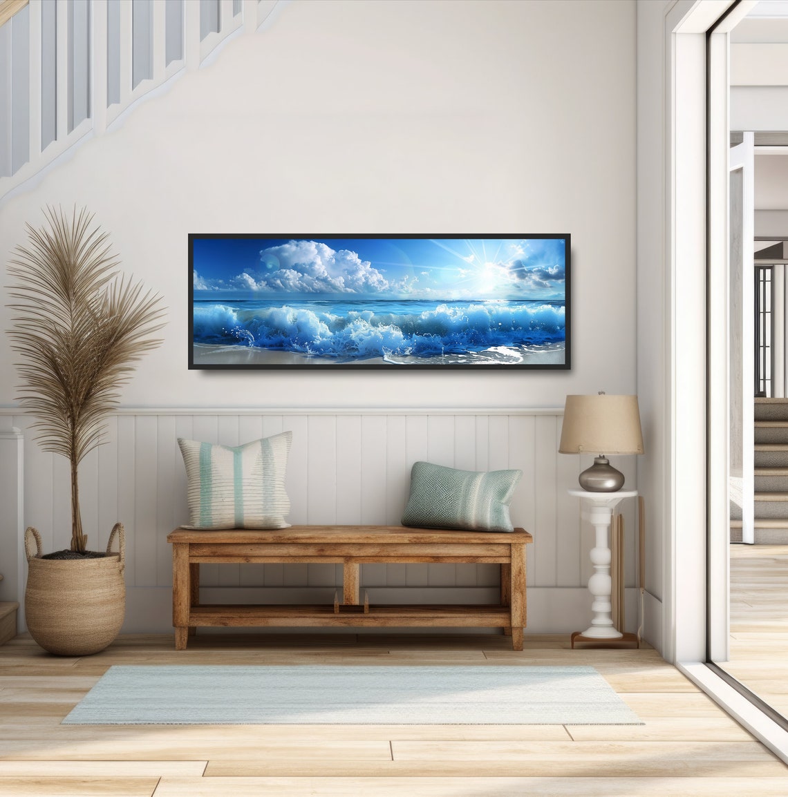Crashing Blue Ocean Waves Bright Sun Clouds Seashore Wall Poster - Image 2