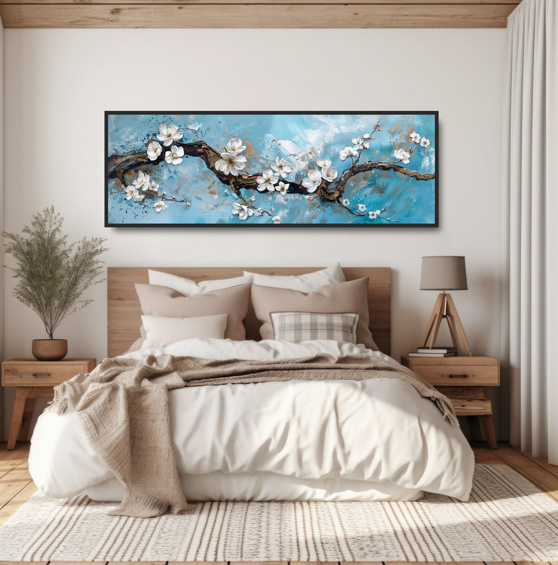 White Cherry Blossom Branch Blue Background Floral Painting Poster - Image 4