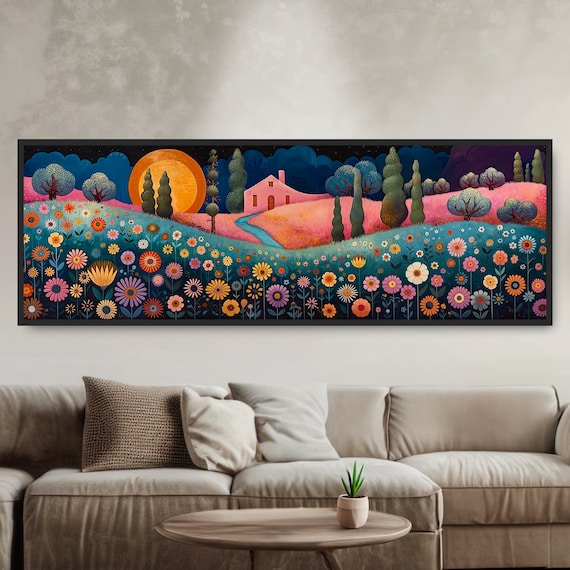 Whimsical Full Moon Night Cottage Folk Art Panoramic Flower Field Print