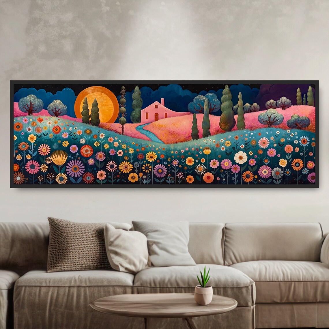 Whimsical Full Moon Night Cottage Folk Art Panoramic Flower Field Print