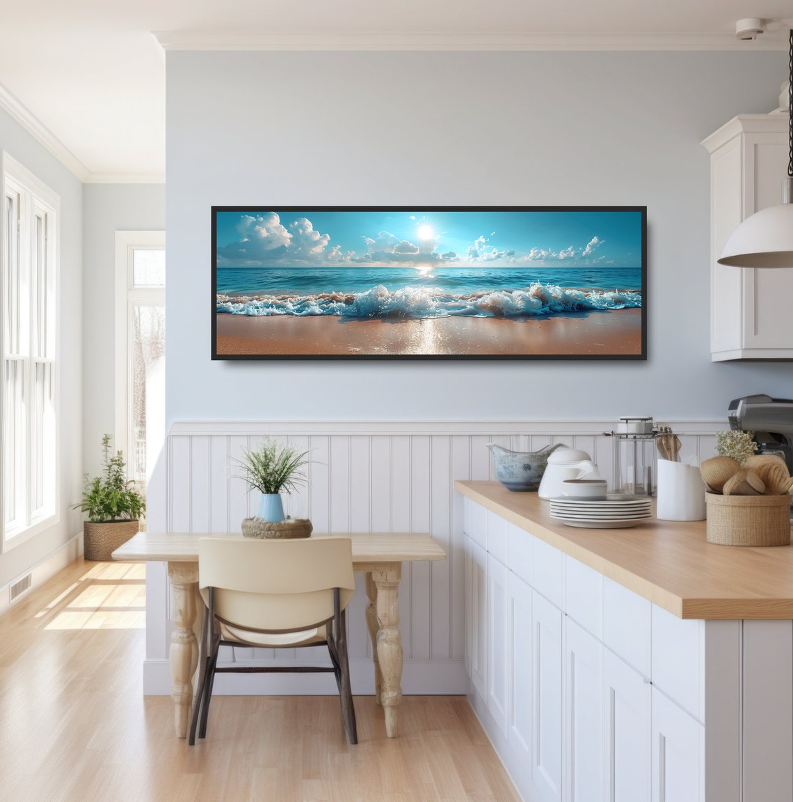 Beach Shoreline Sun Reflections Photograph Tropical Coastal Decor Blue Sky Waves Sand Clouds Shoreline Wall Art Panoramic Beachscape Photo - Image 3