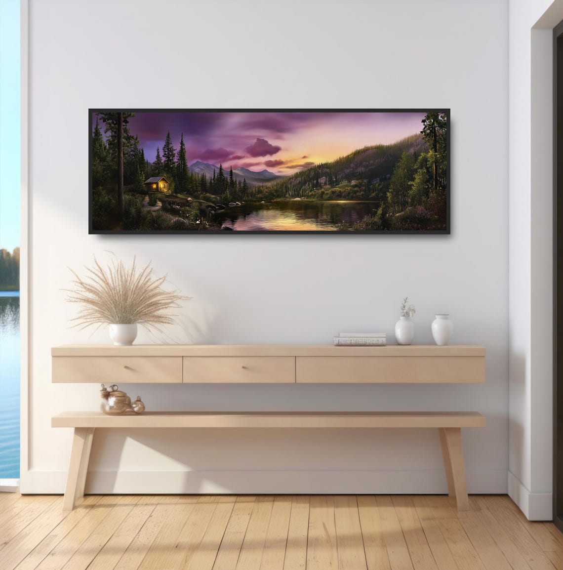 Rustic Lake Cabin Cozy Sunset Panoramic Tranquil Purple Sky Wall Art - Image 2