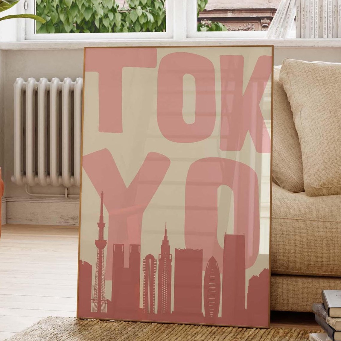 Tokyo Skyline Silhouette Pink Skytree City Retro Travel Poster