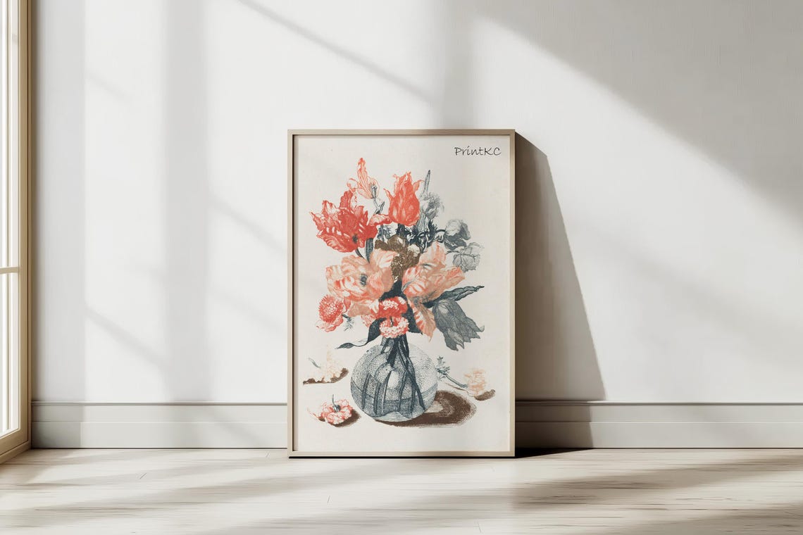 Vintage Coral Bouquet in Vase Antique Botanical Still Life Poster