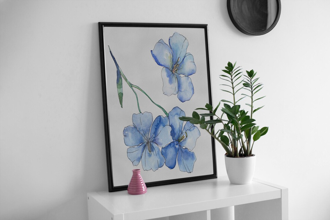 Blue Watercolor Wildflowers Minimalist Botanical Flower Poster