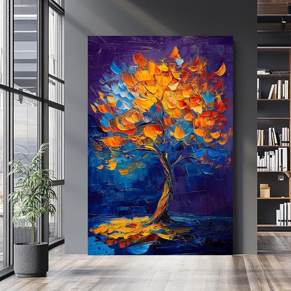 Autumn Tree Art Vibrant Abstract Nature Painting Bold Textured Fall Leaves Artwork Modern Wall Decor For Home Or Office
