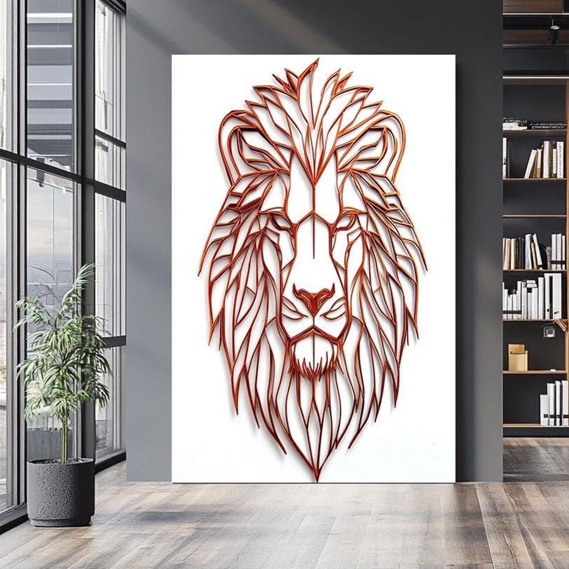 Copper Line Art Lion Head Geometric Modern Minimalist Animal Wall Art