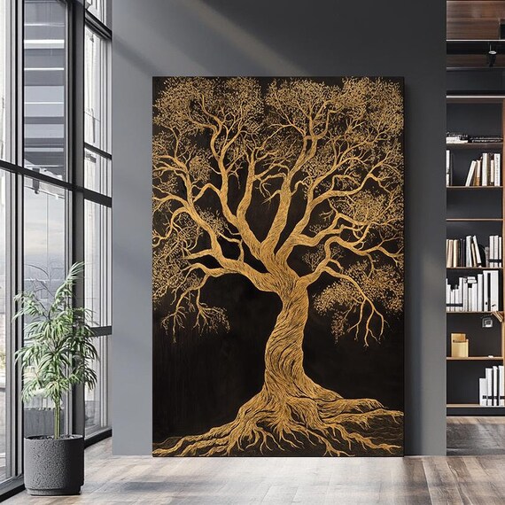 Golden Tree Art Elegant Abstract Nature Painting Luxurious Gold On Black Wall Decor Modern Tree Of Life Artwork
