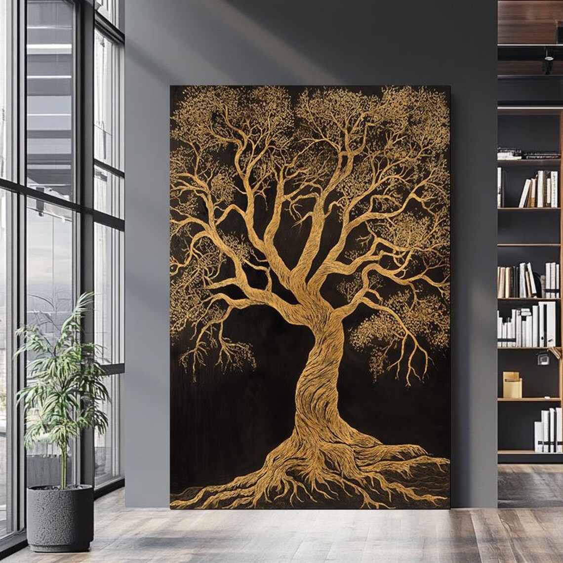 Golden Tree of Life Black Background Elegant Nature Art Wall Poster