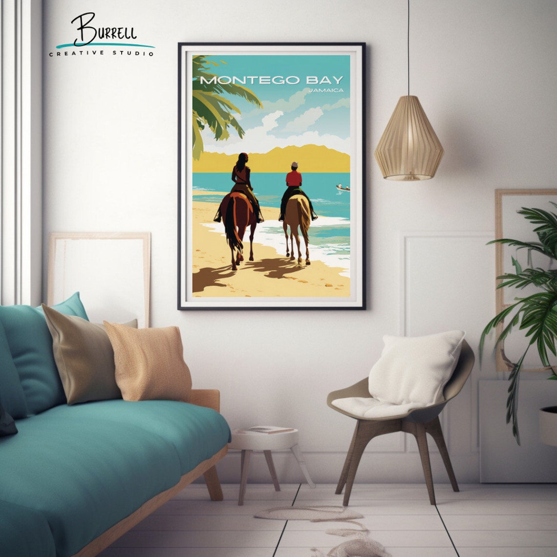 Montego Bay Jamaica Horseback Riders Beach Shoreline Scene Poster - Image 3