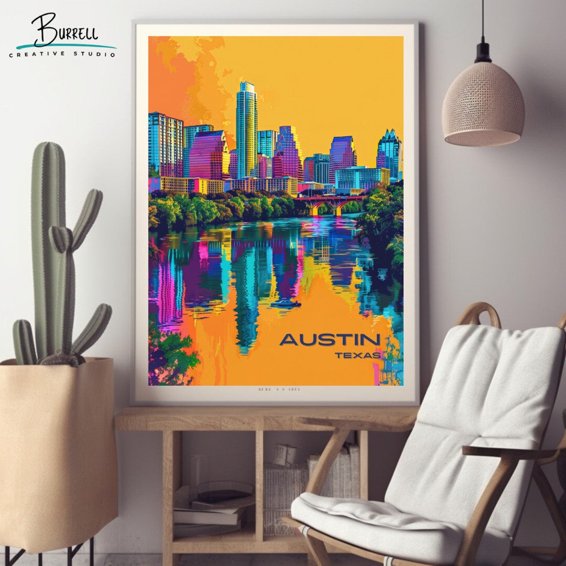 Austin Texas Skyline Neon Sunset Reflection Lady Bird Lake Poster - Image 2
