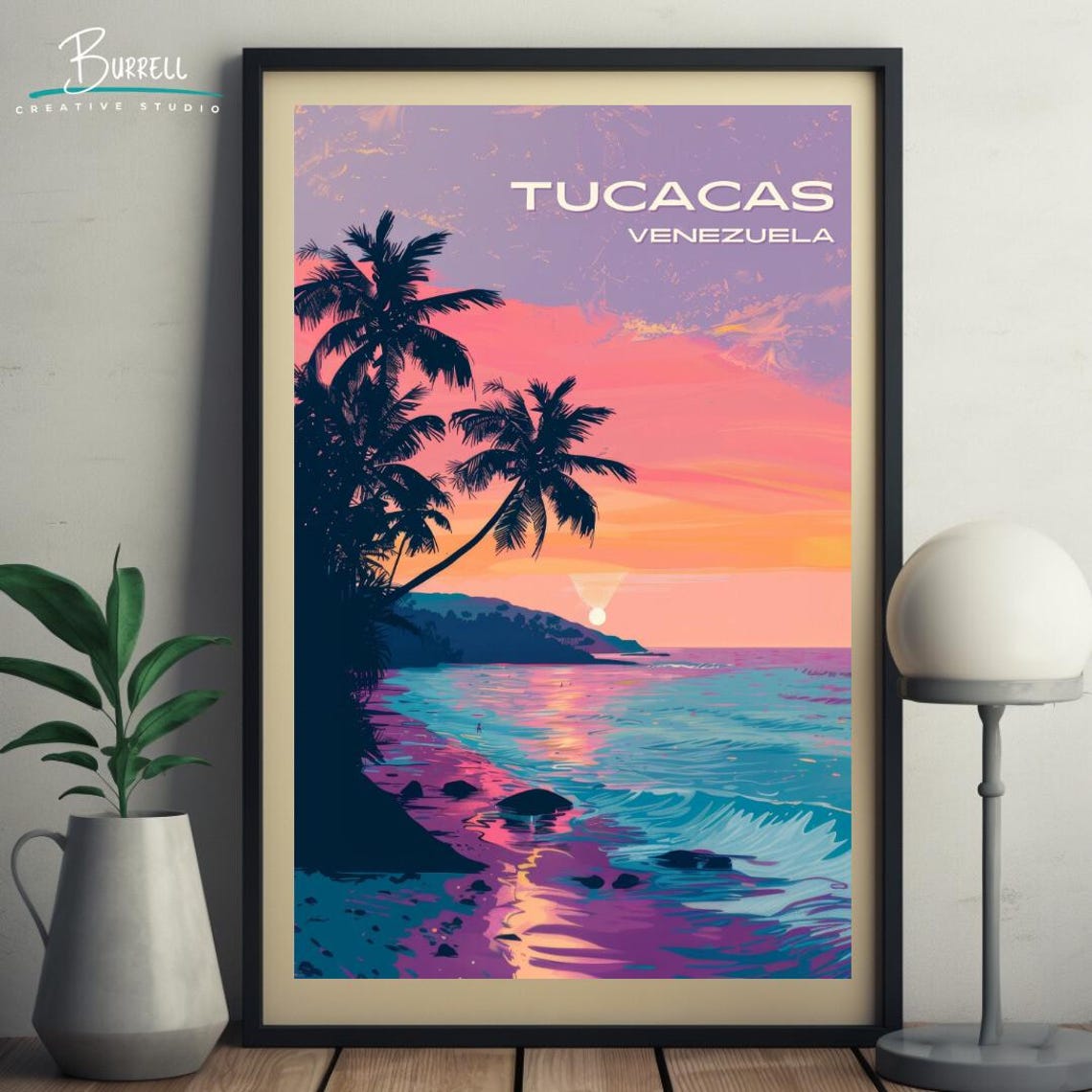 Tucacas Venezuela Beach Sunset Pink Sky Palm Trees Travel Poster - Image 5