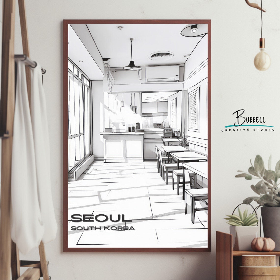 Seoul South Korea Minimalist Cafe Interior Line Art Sketch Poster - Image 4