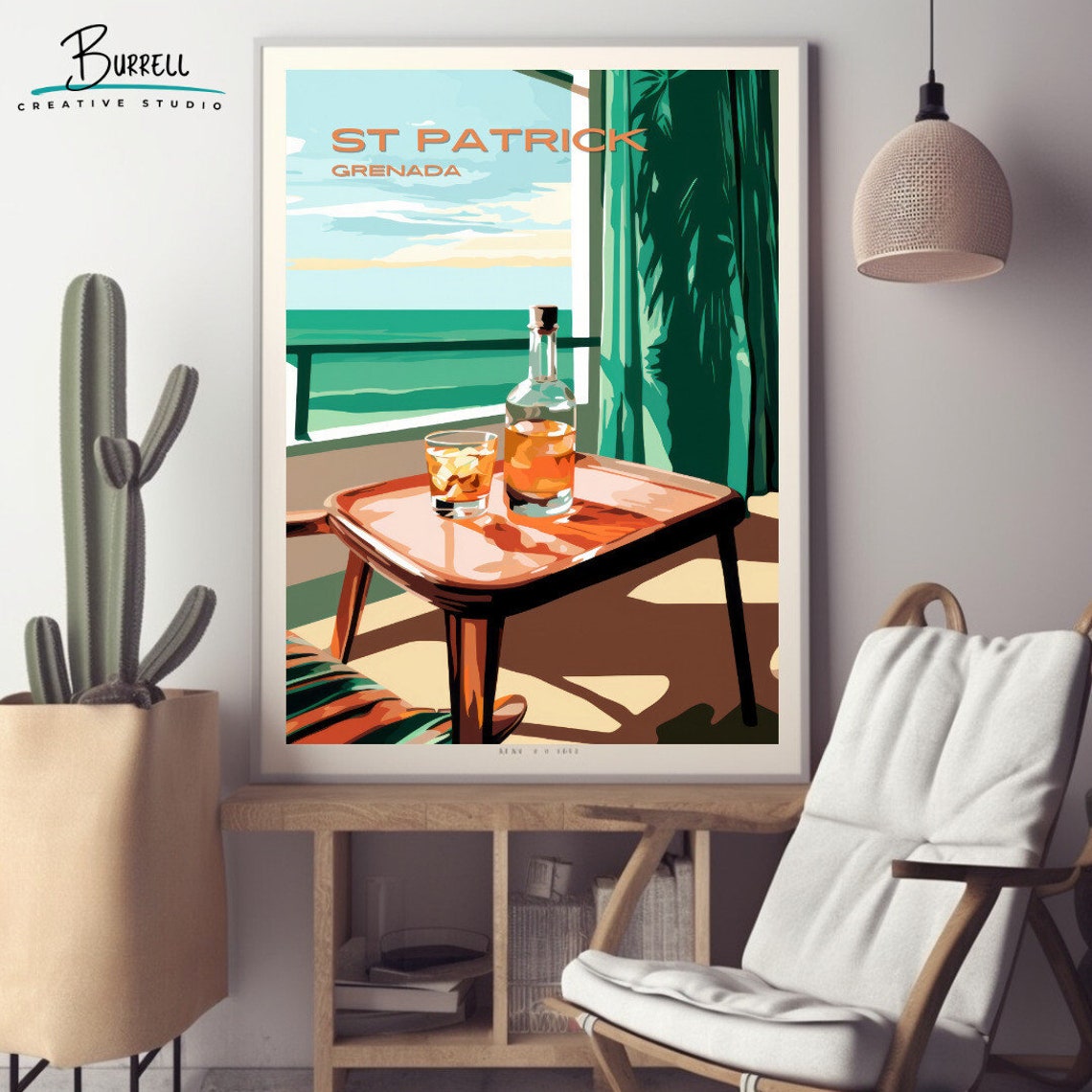 Saint Patrick Grenada Rum Bottle Beach View Caribbean Travel Poster