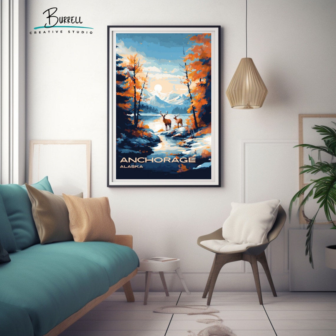 Anchorage Alaska Autumn Lake Moonlit Deer Forest Shore Poster - Image 3