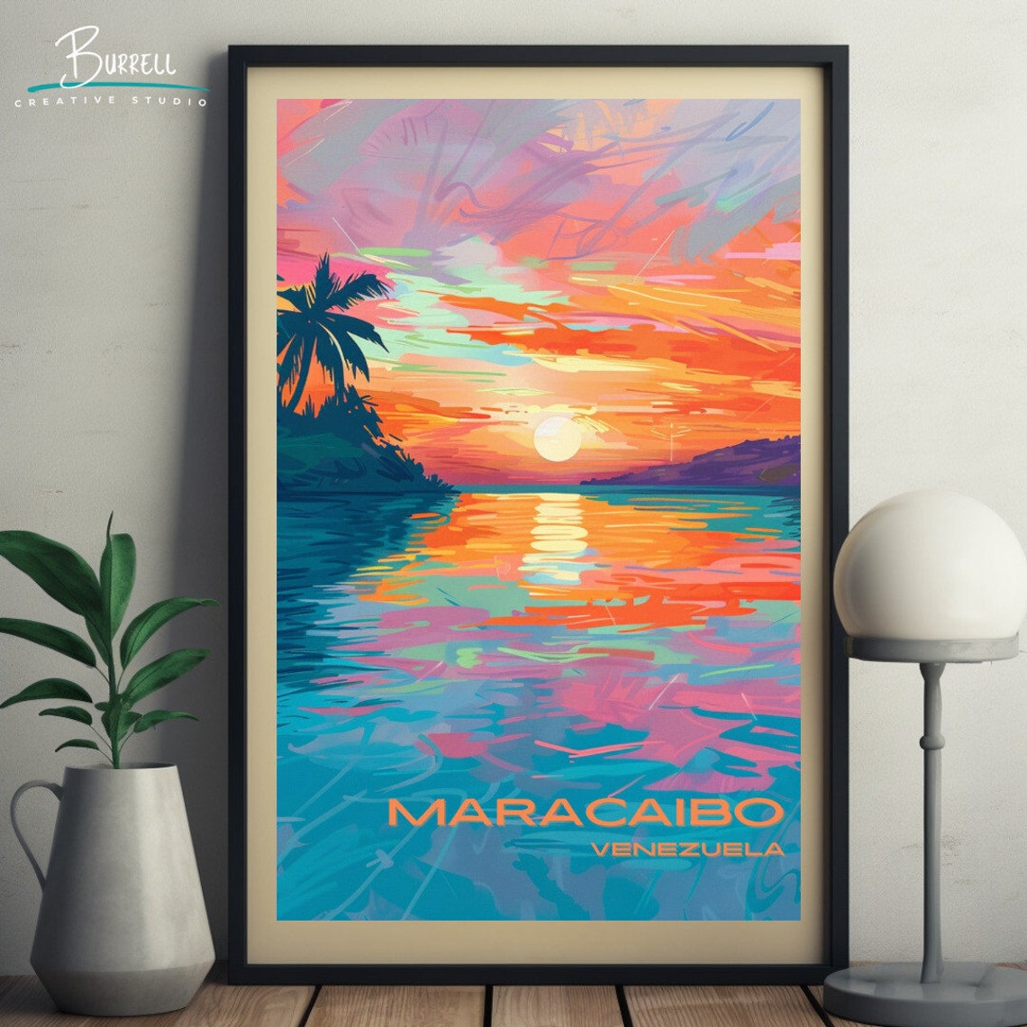 Maracaibo Venezuela Lake Sunset Palm Trees Tropical Travel Poster - Image 3