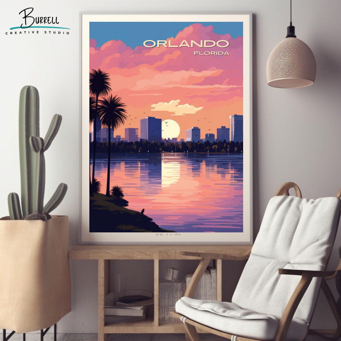 Orlando Florida Skyline Sunset Reflection Lake Palm Silhouette Poster - Image 2
