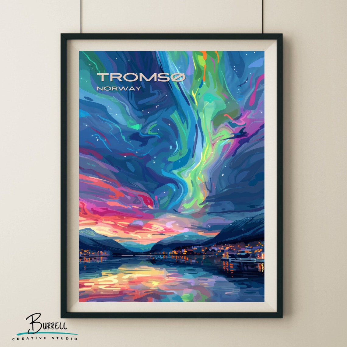 Tromso Norway Vivid Aurora Borealis Fjord Town Reflections Poster