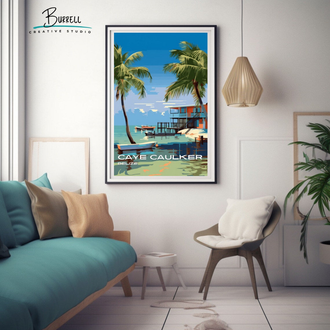 Caye Caulker Belize Tropical Beach Palm Trees Fishing Boats Poster - Image 3