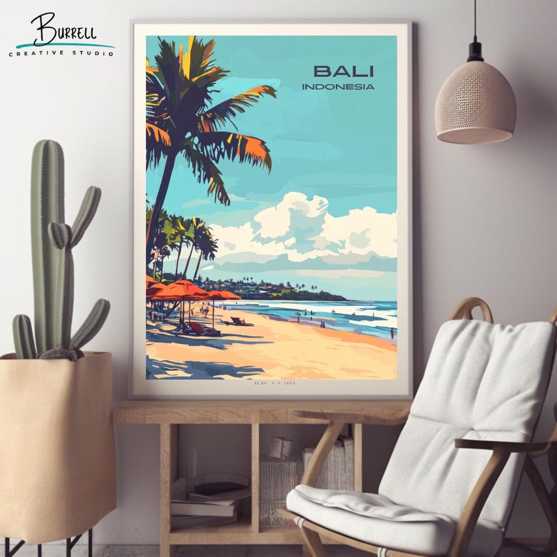 Bali Indonesia Seminyak Beach Palm Umbrellas Surf Waves Poster - Image 2