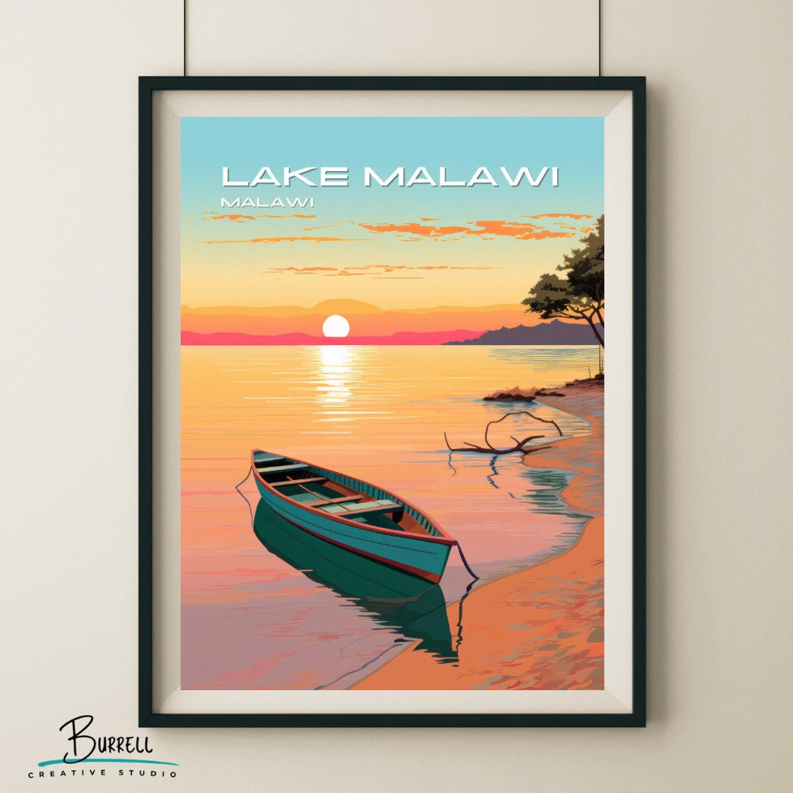 Lake Malawi Sunset Wooden Canoe Calm Shoreline African Travel Poster