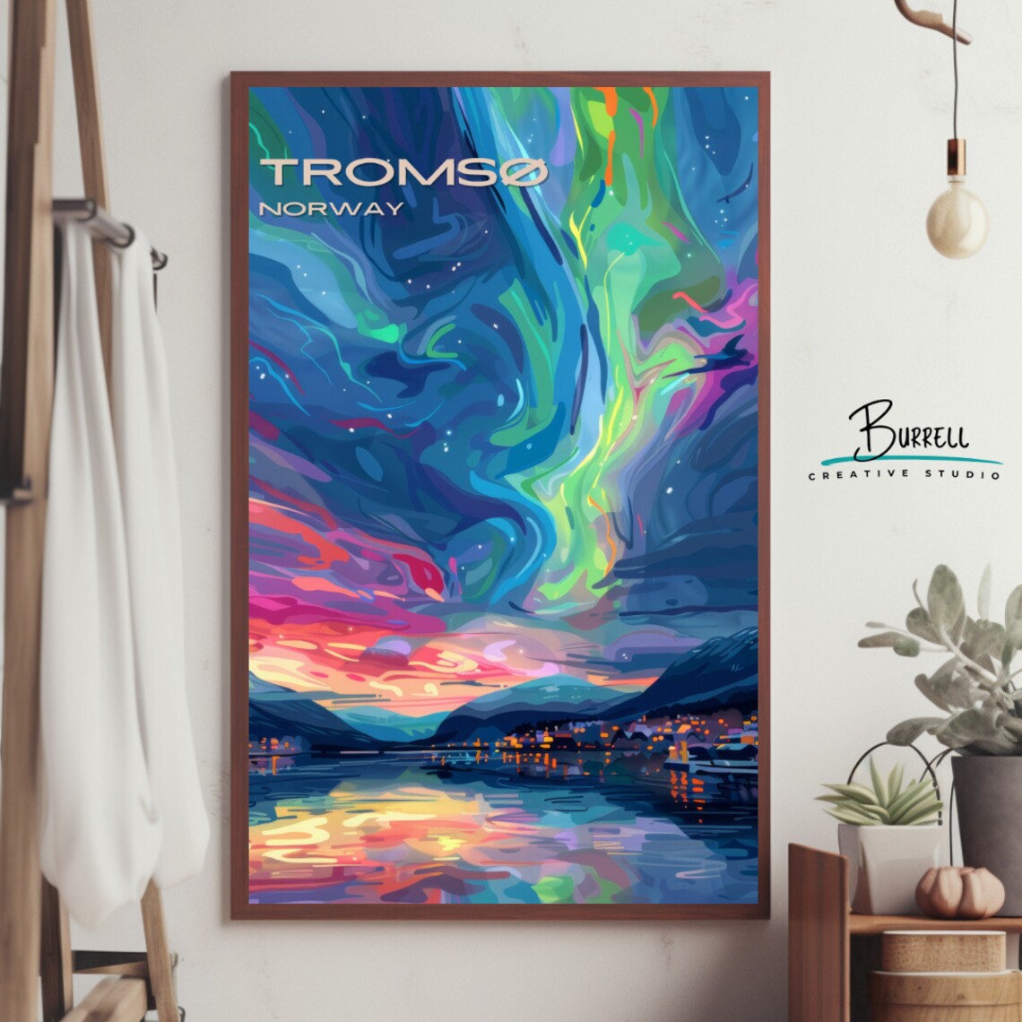 Tromso Norway Vivid Aurora Borealis Fjord Town Reflections Poster - Image 4
