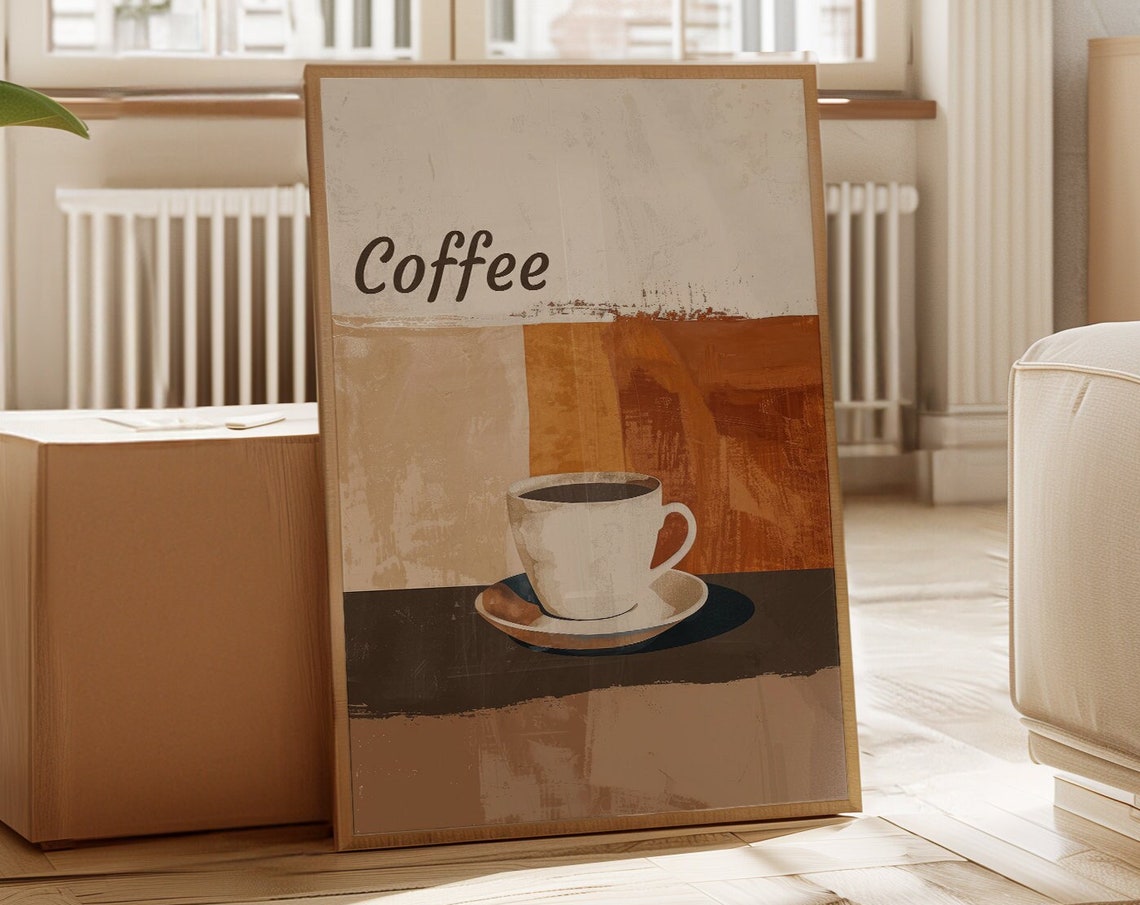 Modern Kitchen Wall Decor Scandi Coffee Poster Warm Beige Illustration Mug Retro Style Art Print Dining Room Cafe Office