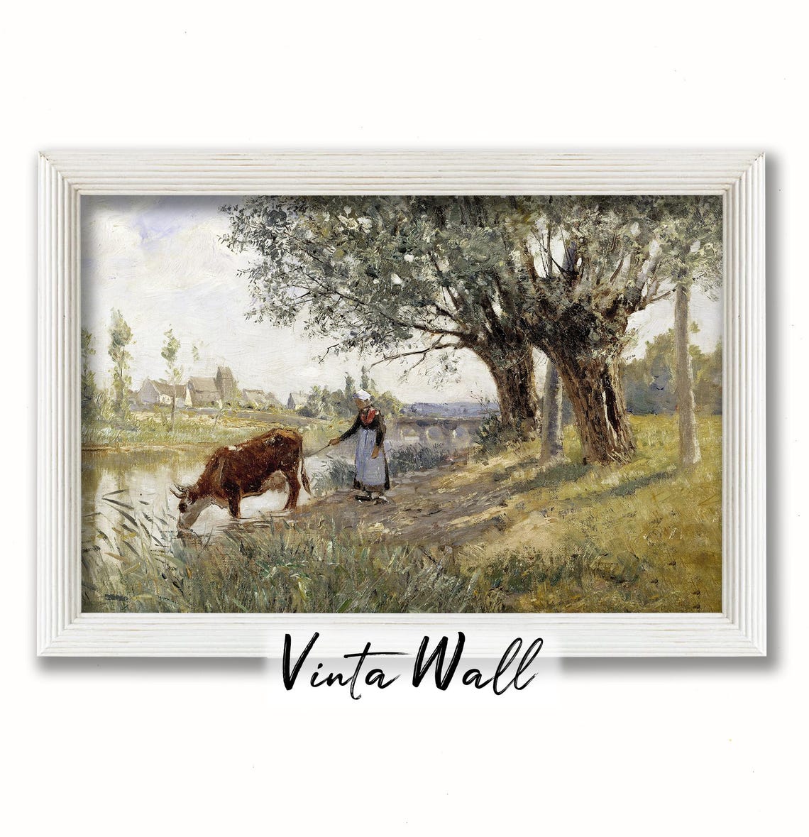 Oil Painting Cow Farmhouse Vintage Woman Landscape Print Art Country Lake River Warm Tones Rustic Home Wall Decor Antique Winter - Image 4