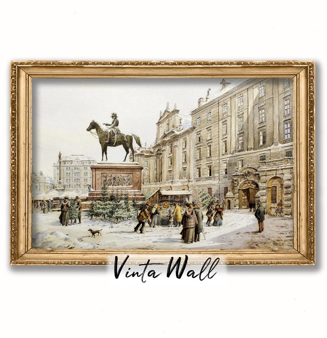 Snowy City Square Equestrian Statue Vintage Christmas Tree Poster - Image 3