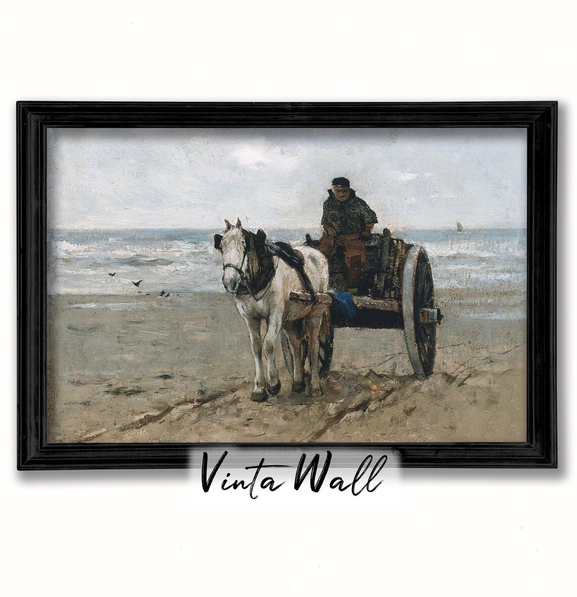Horse Cloudy Winter Gray Oil Painting Beach Farmhouse Carriage Vintage Landscape Print Art Country Rustic Home Wall Decor Antique - Image 4