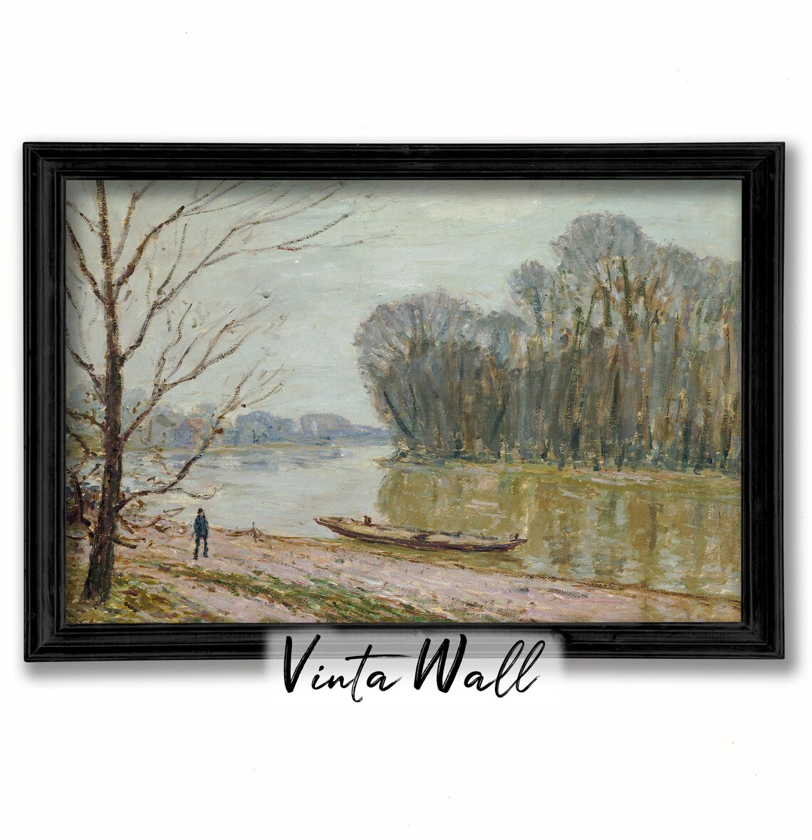 Lone Figure Walking Along Winter Riverbank Beached Boat Vintage Landscape Poster - Image 2