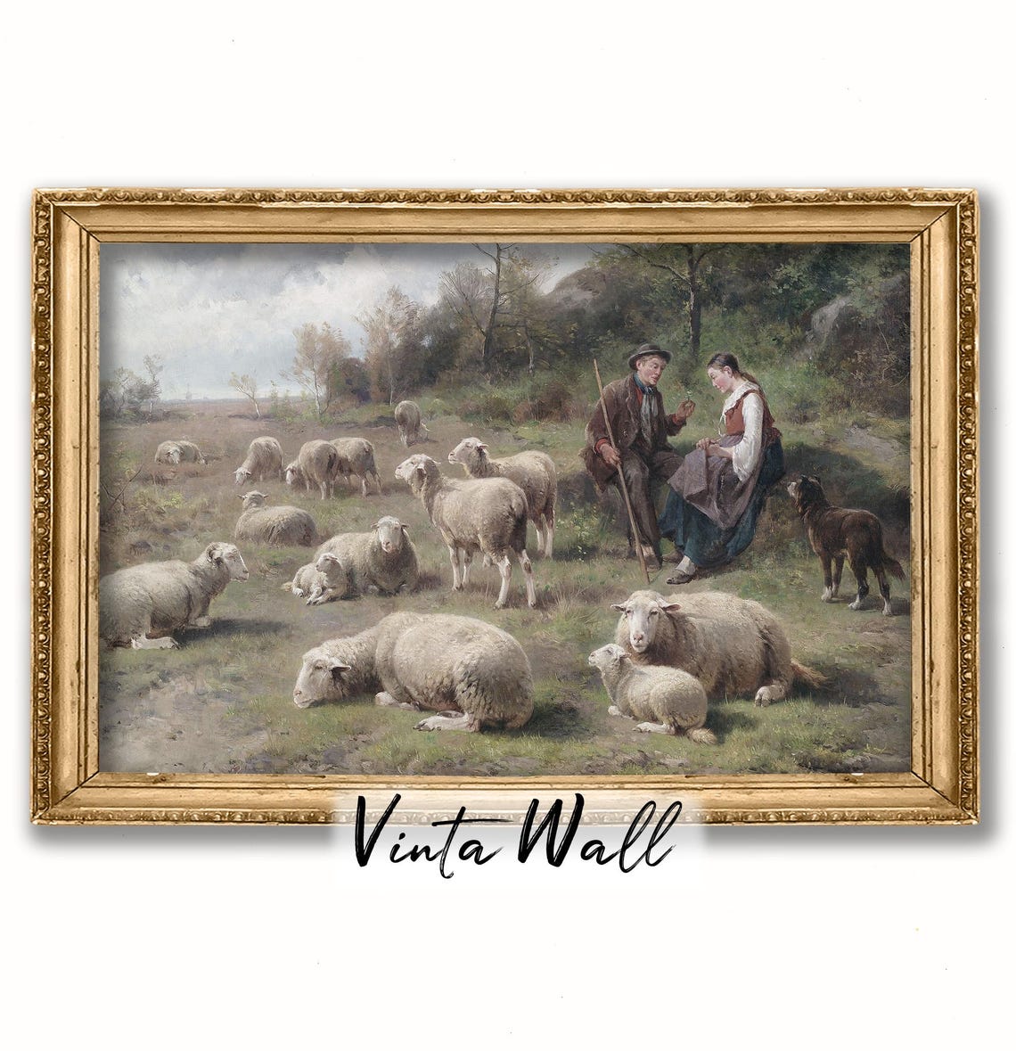 Shepherd and Maiden among Sheep Vintage Pastoral Oil Painting Poster - Image 3