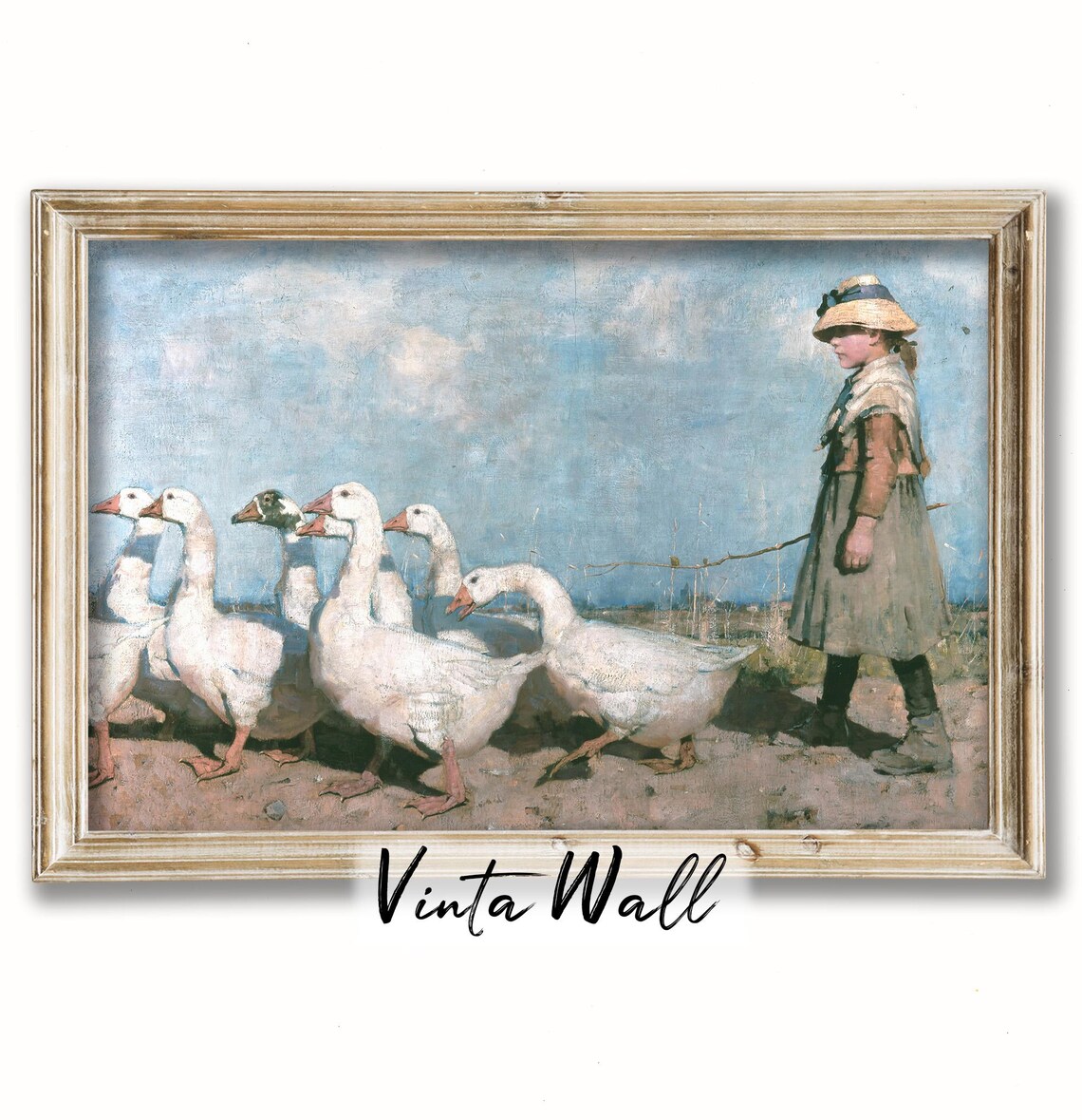 Goose Girl Leading White Geese Vintage Pastoral Painting Art Print
