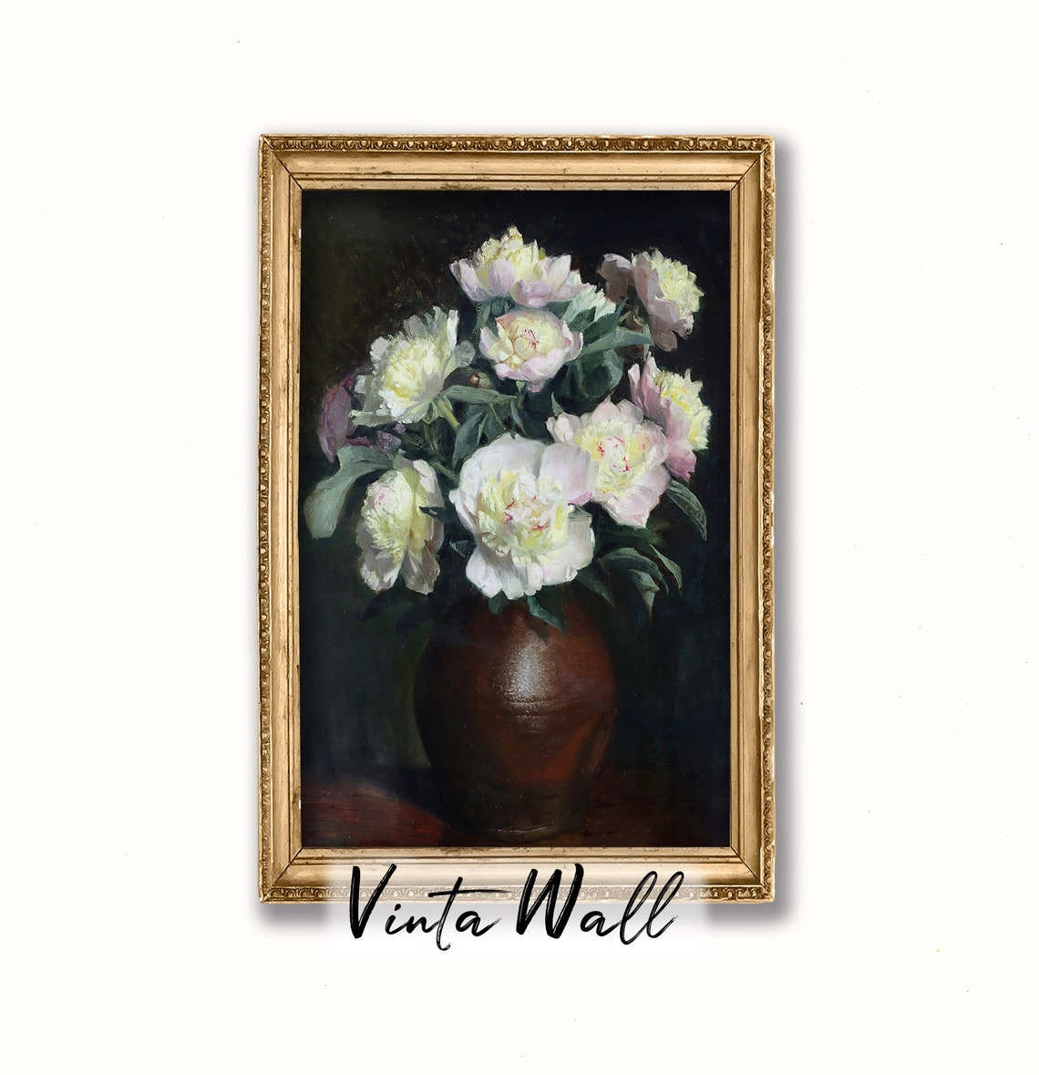 White Peonies in Brown Vase Vintage Floral Still Life Painting Poster - Image 3