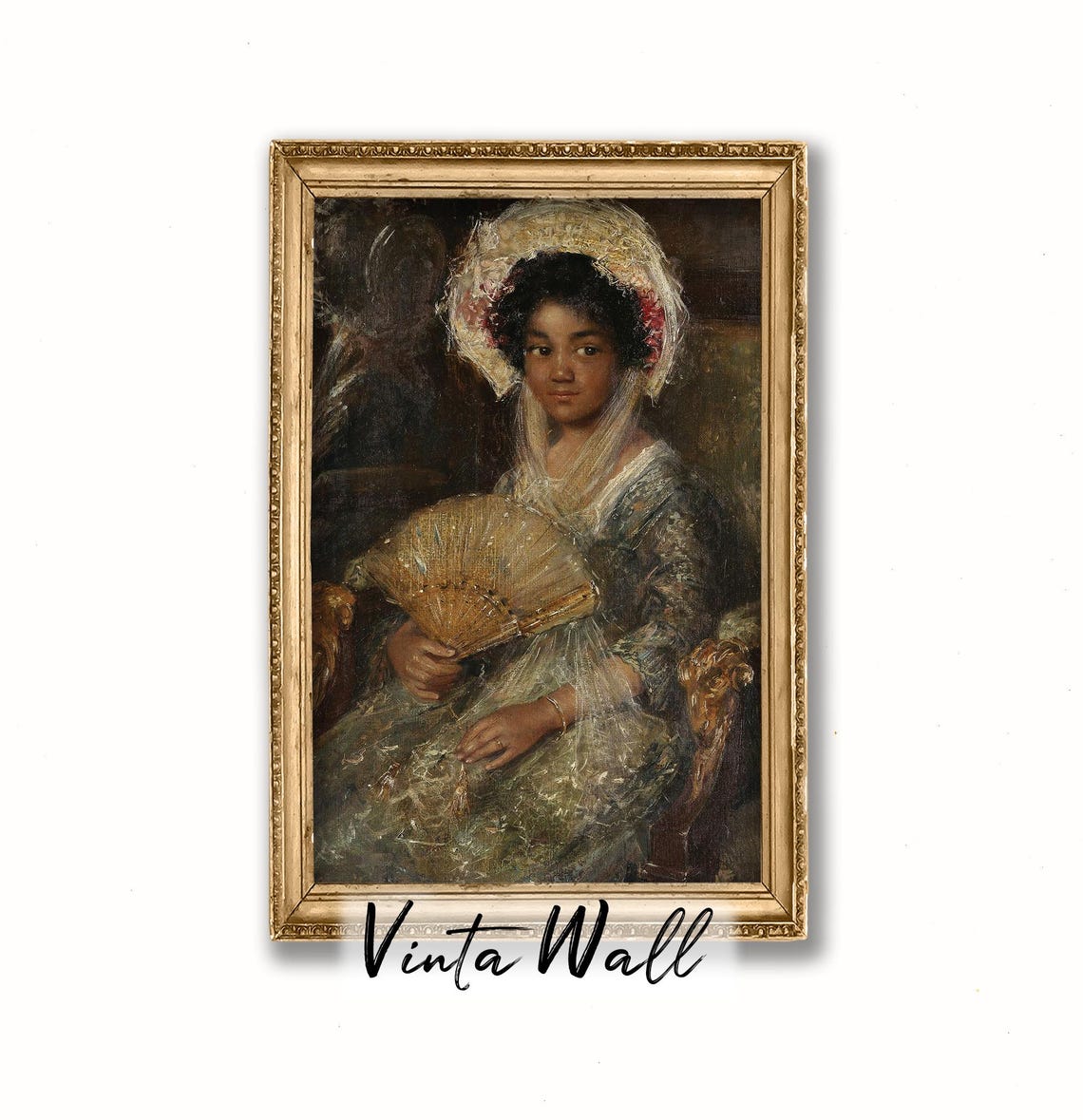Portrait Young Lady Oil Painting Rich Noble Black Woman Farmhouse Vintage Print Fan Hat Art Country Wall Antique Muted Colours - Image 4