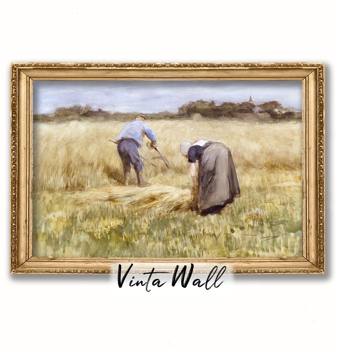 Harvesting Print Woman Oil Painting Farmhouse Country Weeder European Muted Colours Vintage Landscape Art Warm Home Wall Decor - Image 2