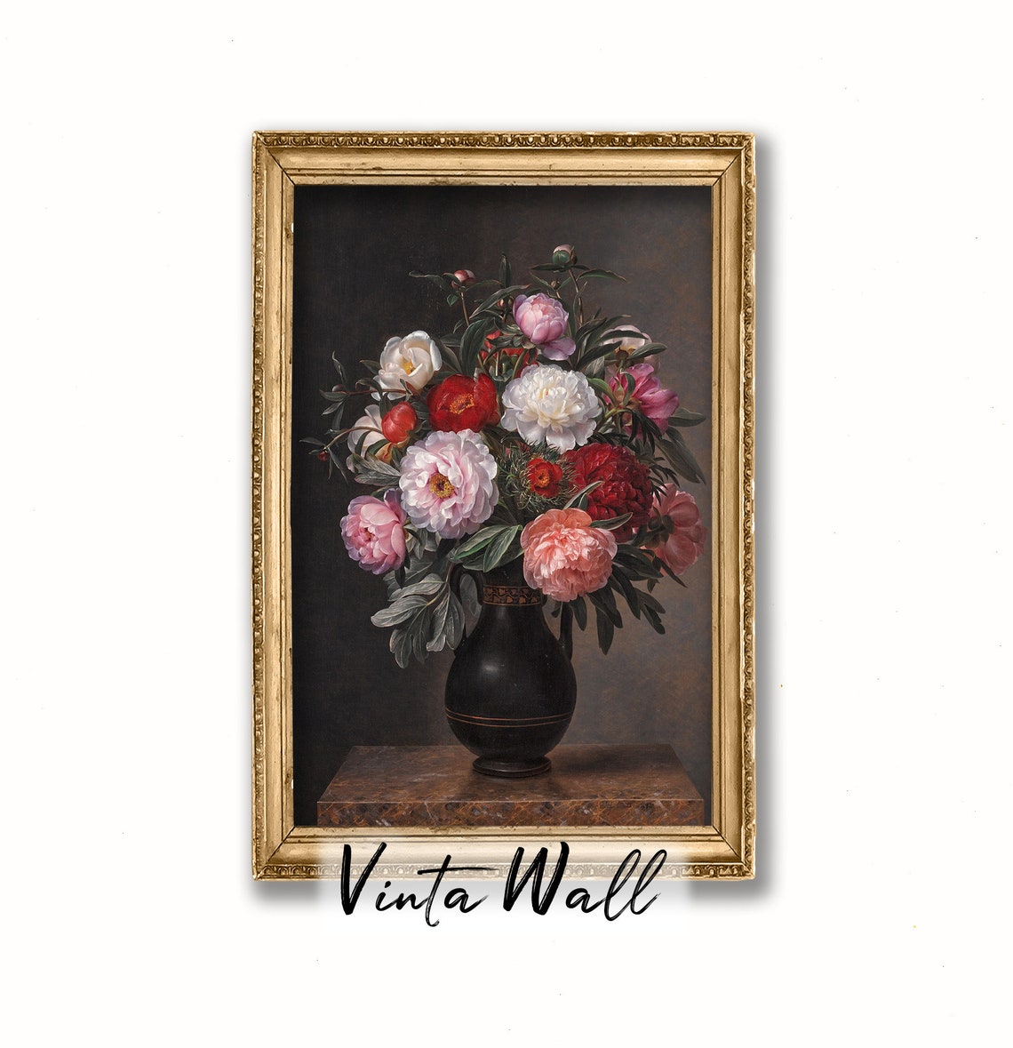 Peony Flower Print Still Life Oil Painting Dark Accademia Black Floral Vintage Art Pink Botanical Moody Home Wall Decor Farmhouse - Image 3