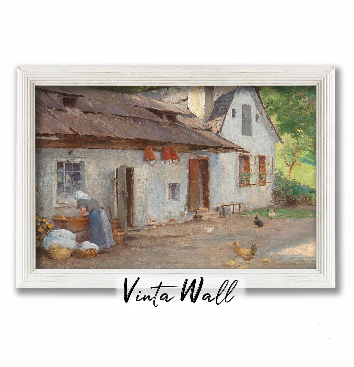 Village Soft Green Oil Painting Print Hen Farmer Landscape Woman Farmhouse Country Farm Muted Colours Cottage Art Wall Decor - Image 3