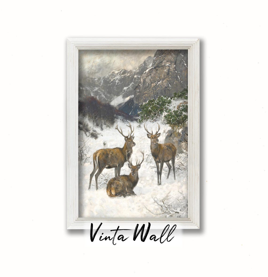 Red Deer Stags Snowy Mountain Vintage Wildlife Winter Art Poster - Image 2