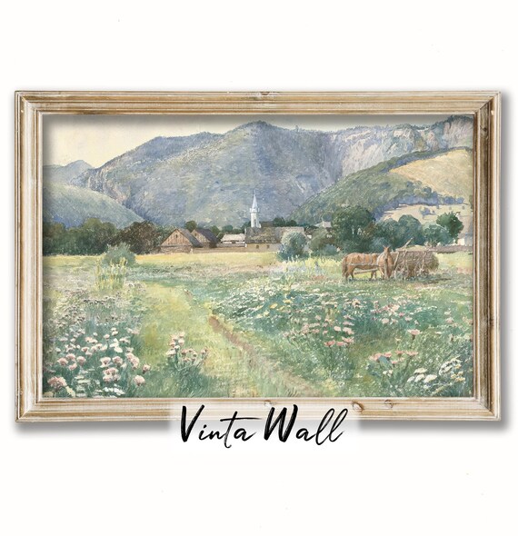 Alpine Village Meadow with Horse-Drawn Hay Cart Watercolor Poster