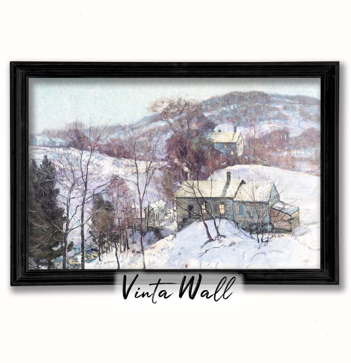 Snowy Village Among Winter Hills Impressionist Rustic Landscape Poster - Image 4