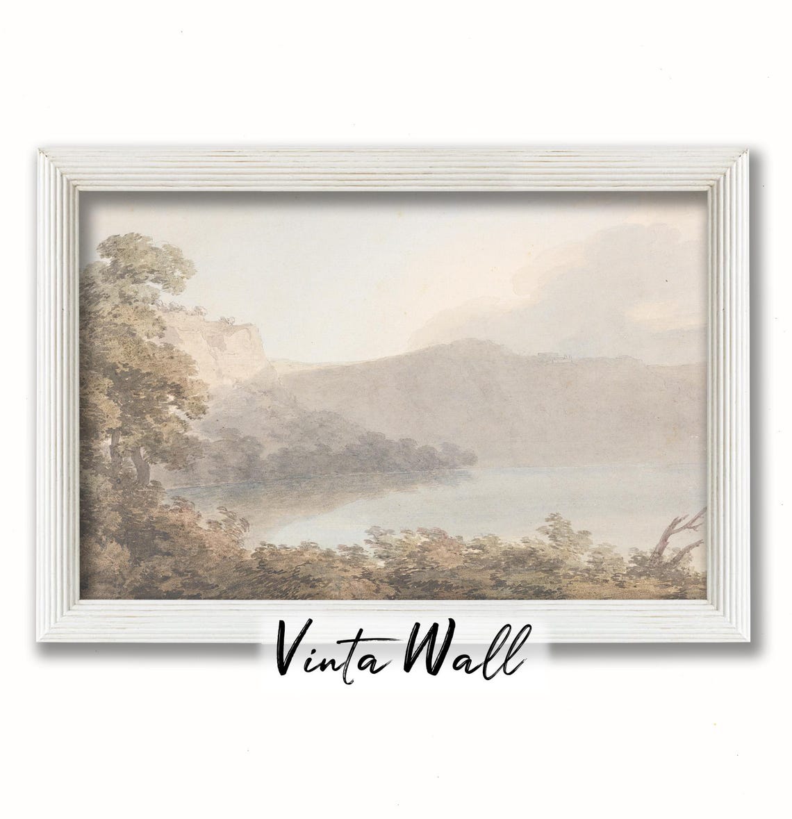 Misty Lake and Cliffs Soft Sepia Watercolor Landscape Painting Poster - Image 3