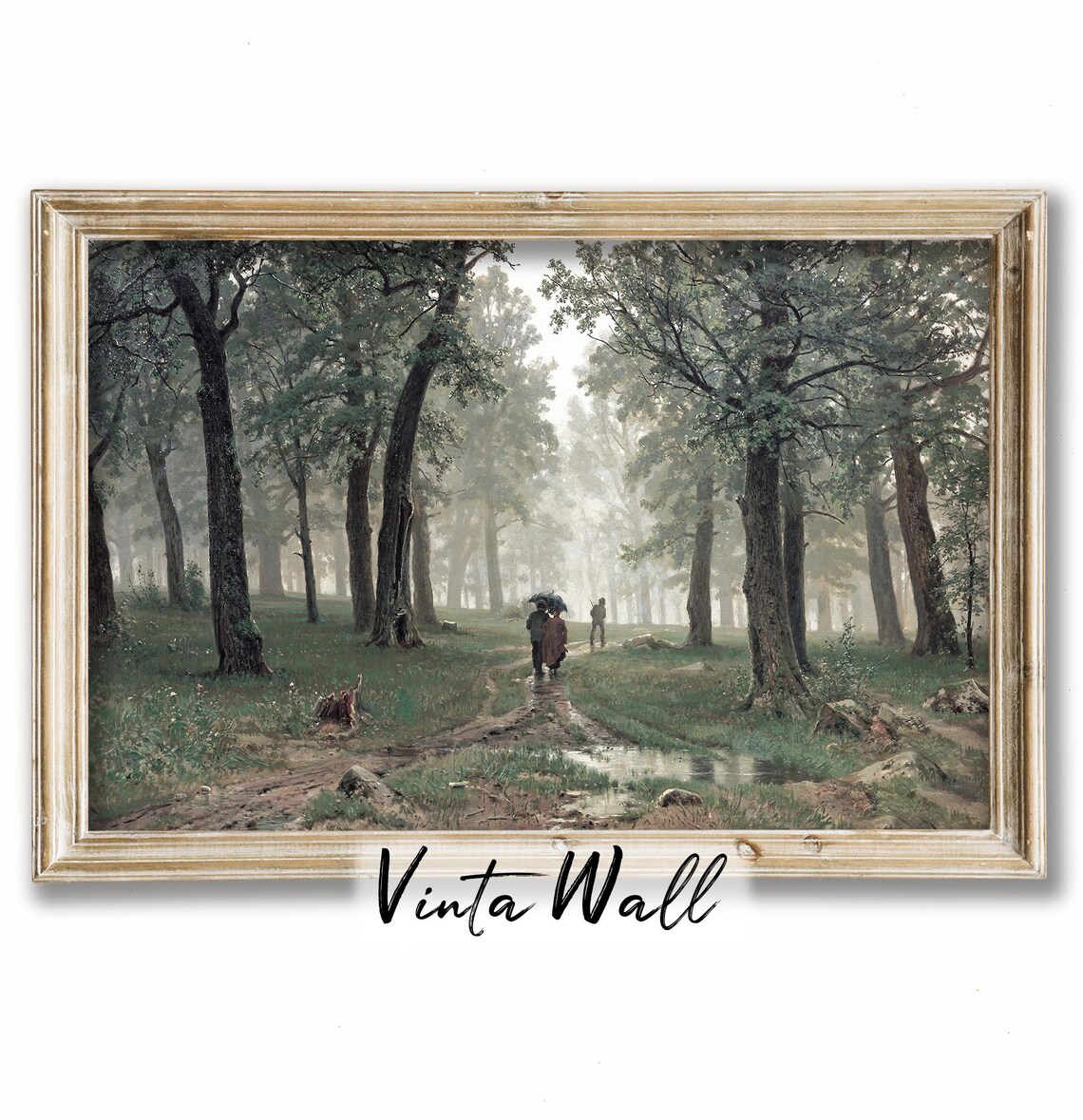 Misty Forest Path Umbrella Walkers Vintage Woodland Scene Poster