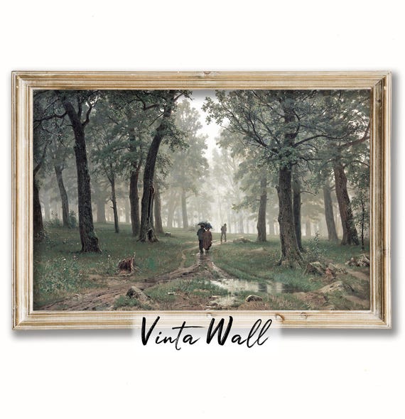 Dark Academia Oil Painting Print Forest Path Farmhouse Country Cold Colours Cottage Art Wall Decor Black People Rainy Weather