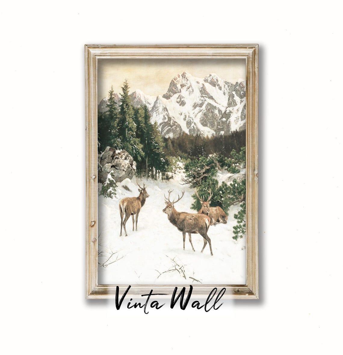 Deer Alpine Snow Forest Vintage Winter Wildlife Landscape Poster