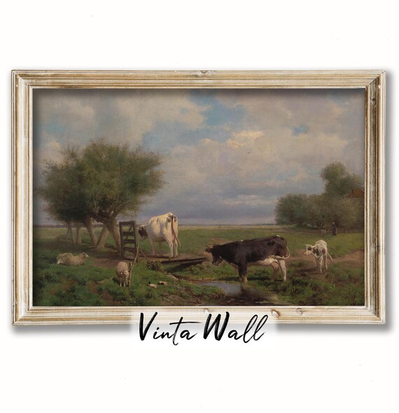 Cows and Calf Drinking at Pasture Stream Vintage Farm Animal Oil Painting Poster