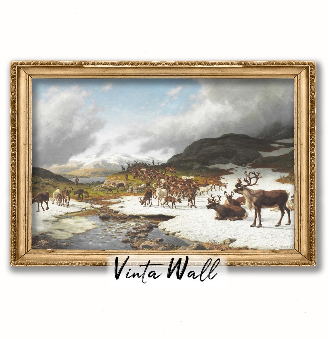 Reindeer Herd Snowy Mountain Stream Vintage Winter Wildlife Poster - Image 4
