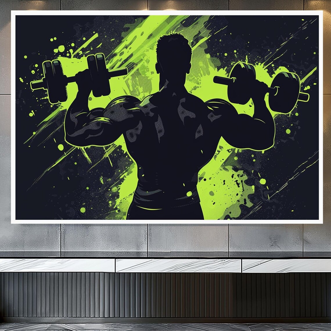 Muscular Athlete Dumbbell Silhouette Neon Green Gym Sports Poster