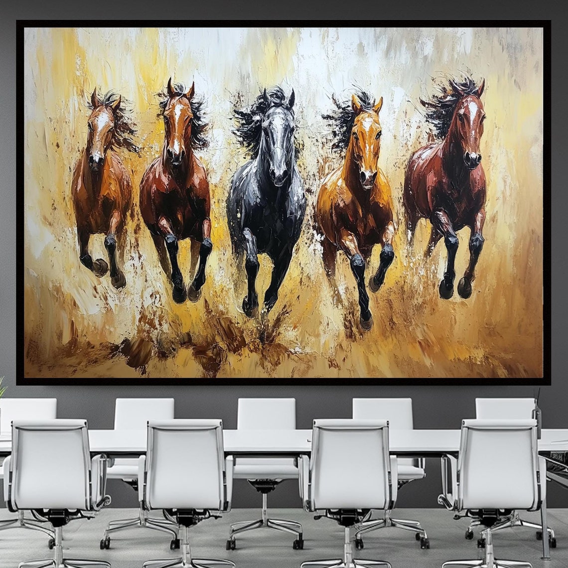 Five Galloping Horses Dusty Trail Oil Painting Western Wall Art