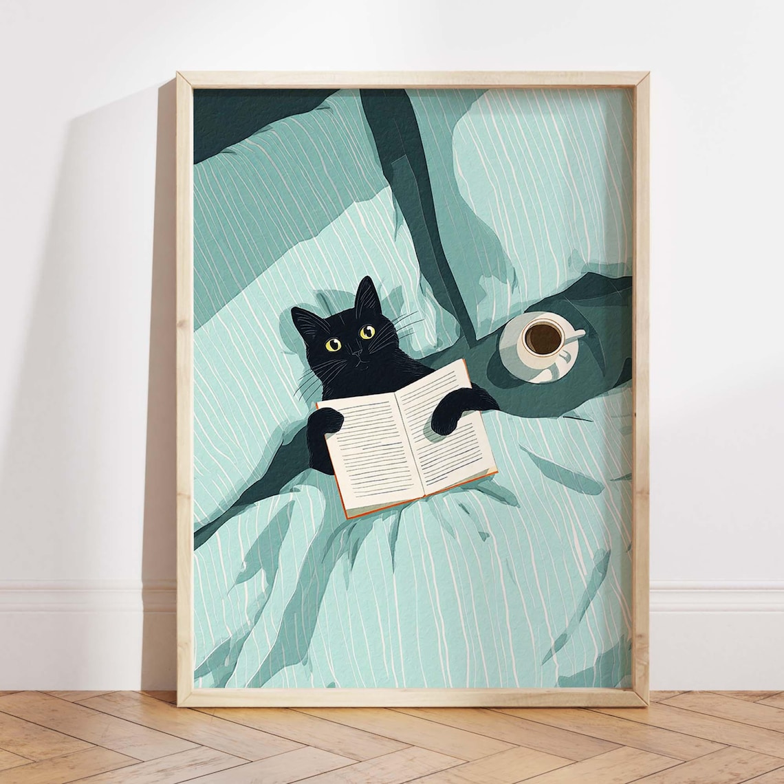 Black Cat Reading Art Print, Book Nook Decor